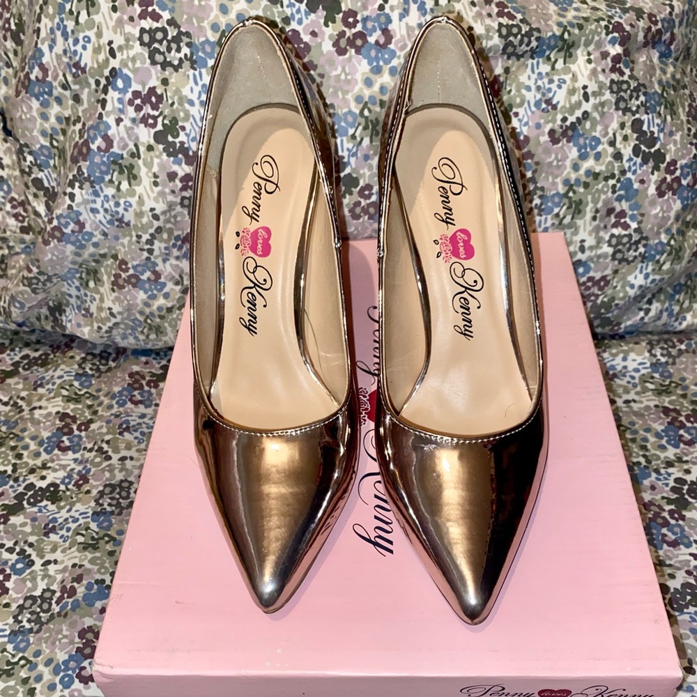 Penny Love Kenny. Rose Gold Mirrored Metallic Heels